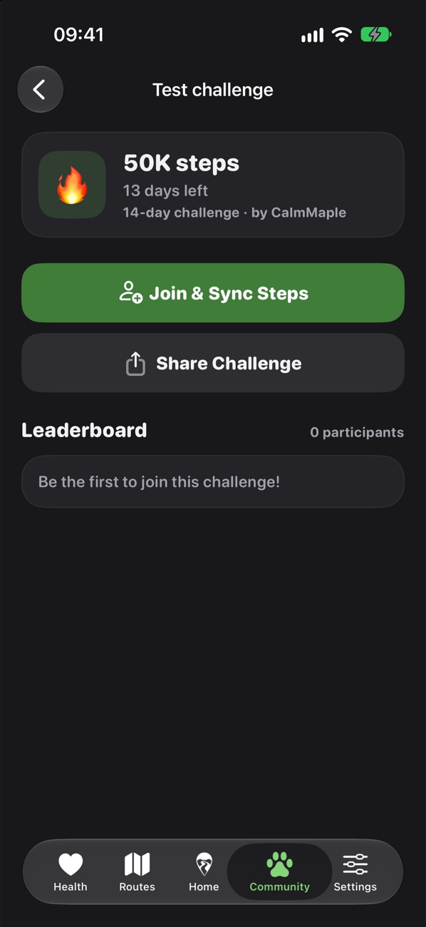 Challenge screen, Share Challenge button